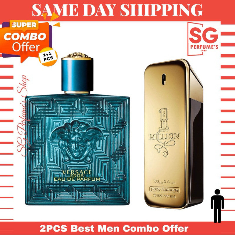⚡⚡💯%(Ori SG) 2 Pcs Combo (Eros EDP Men 100 ml +1 Million EDT Men 100 ml )